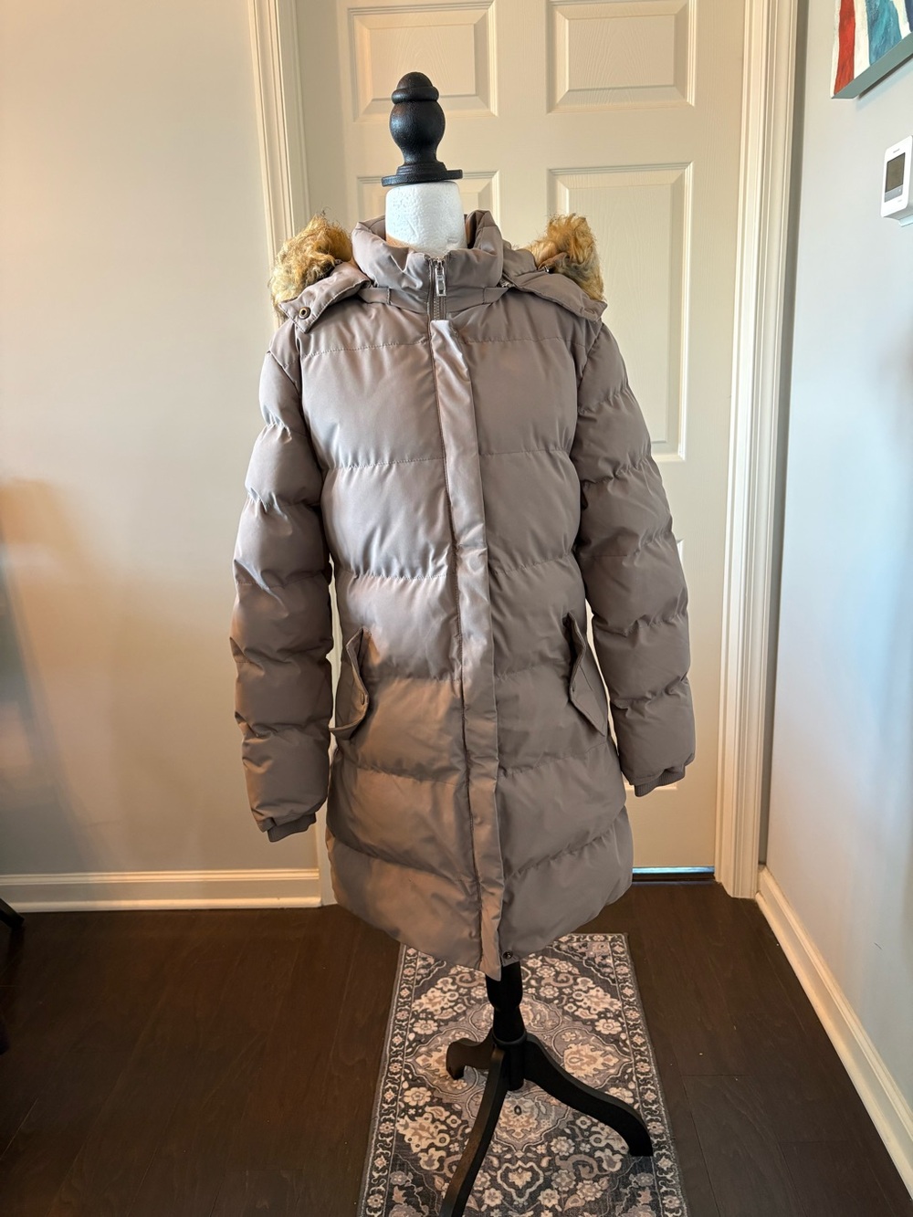 Women's Long Puffer Coat with Hood - Taupe